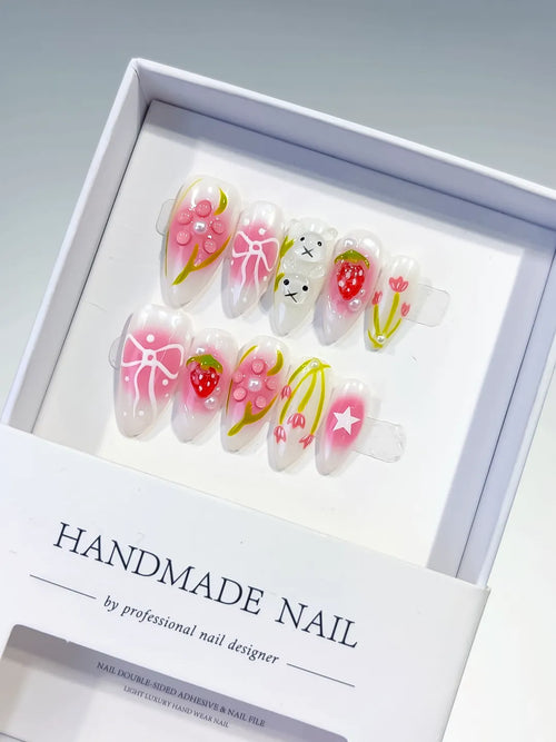 White Pink Abstract Strawberry Bow Tulip Star press on nails