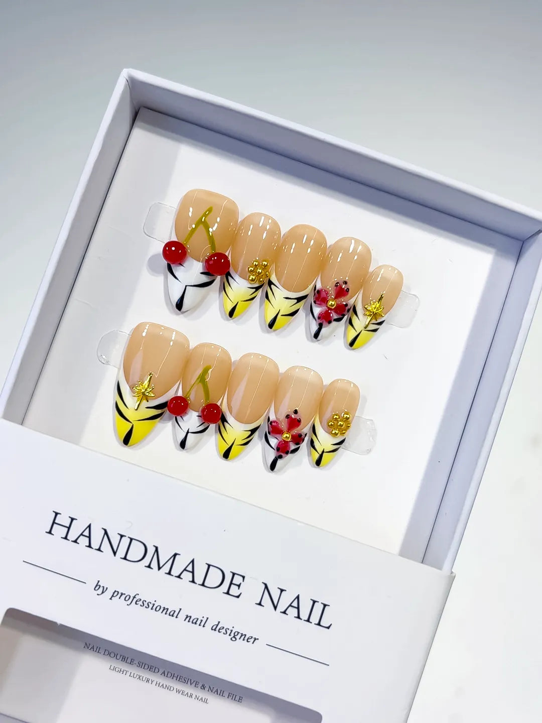 Nude Yellow White French tip Cherry Flower Star press on nails