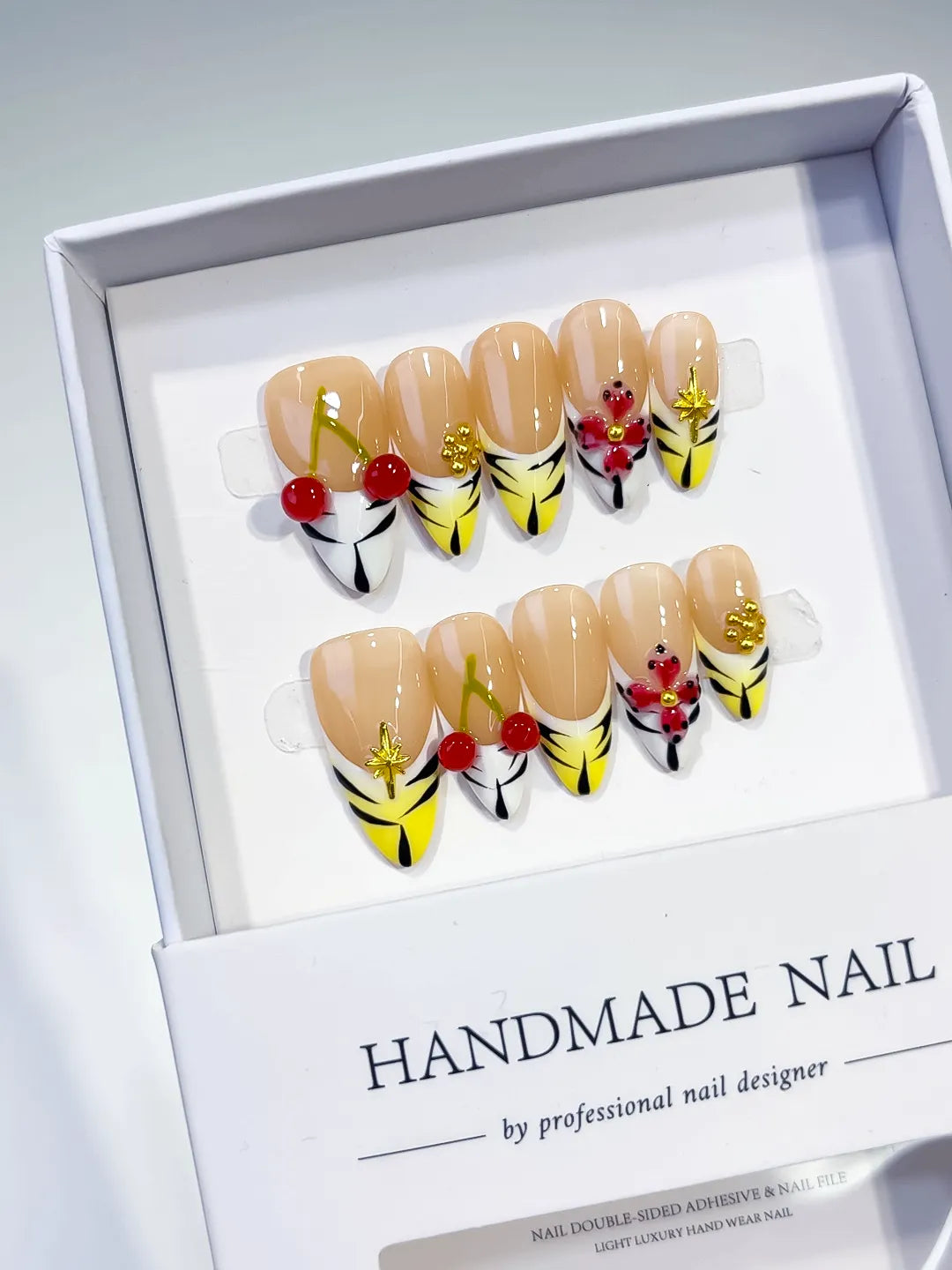 Nude Yellow White French tip Cherry Flower Star press on nails full set view