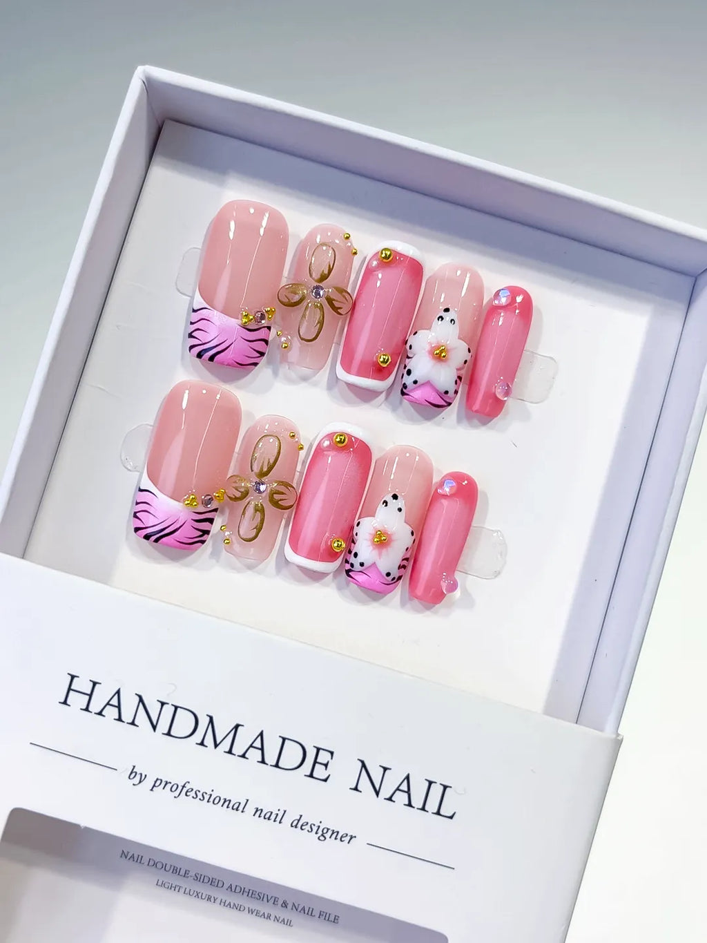 Pink Black Gold Abstract Bow Animal Print Flower press on nails