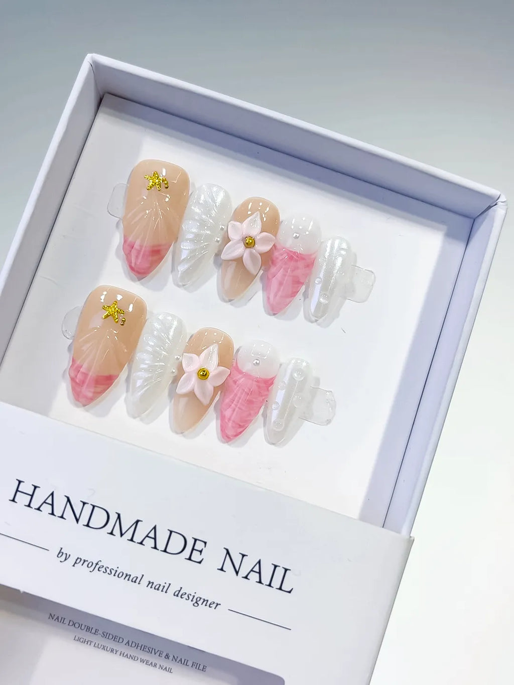 Nude Pink White Abstract Flower Star press on nails
