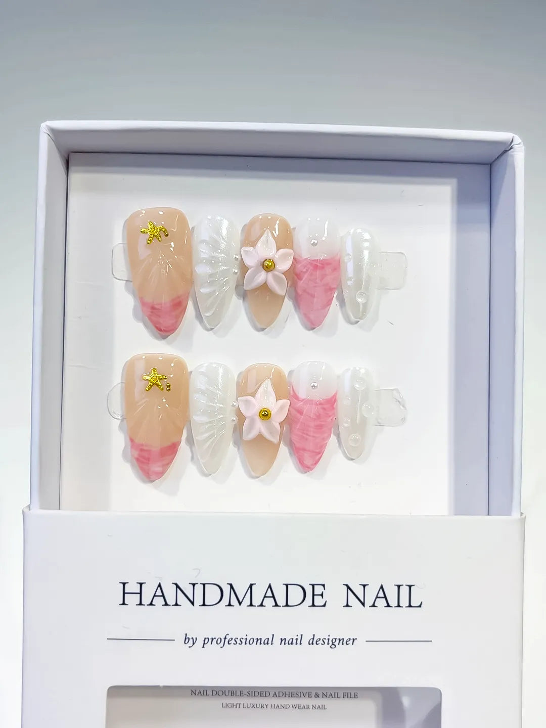 Nude Pink White Abstract Flower Star press on nails full set view