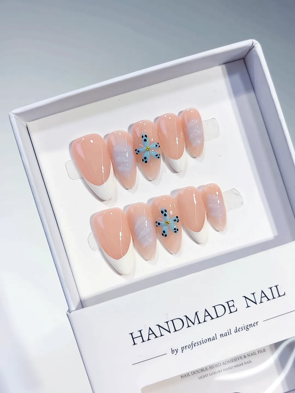 Nude White French tip Flower press on nails full set view