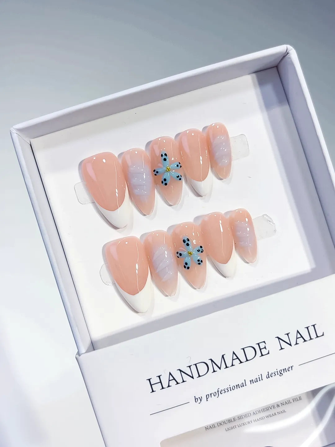 Nude White French tip Flower press on nails full set view