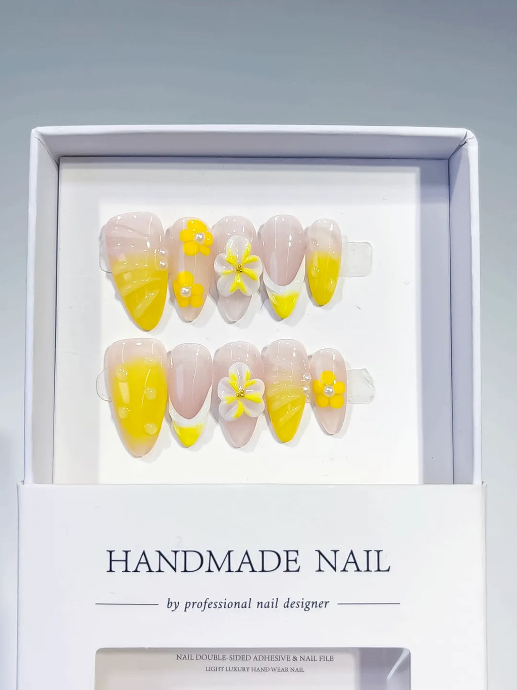 Nude Yellow French tip Flower press on nails full set view