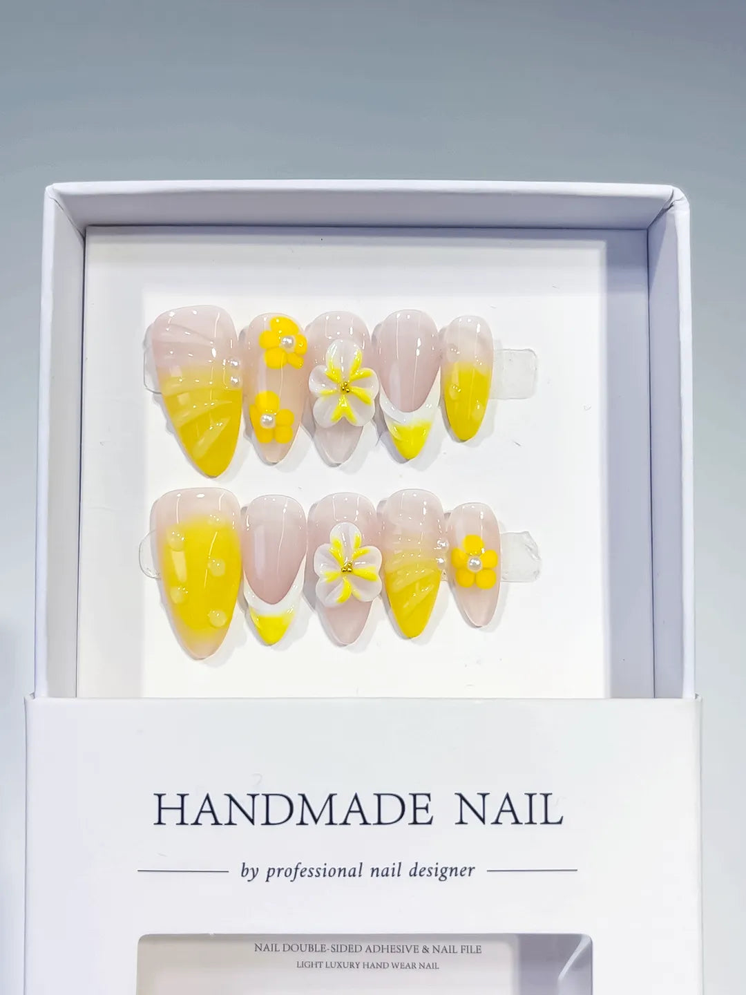 Nude Yellow French tip Flower press on nails full set view