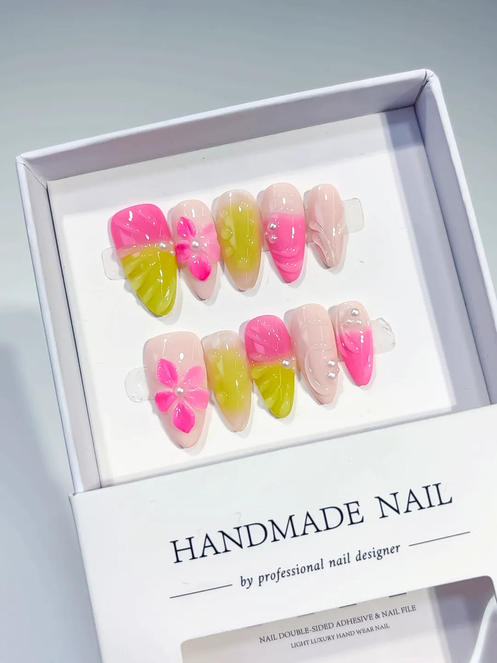 Pink Yellow Ombre Flower press on nails angled view