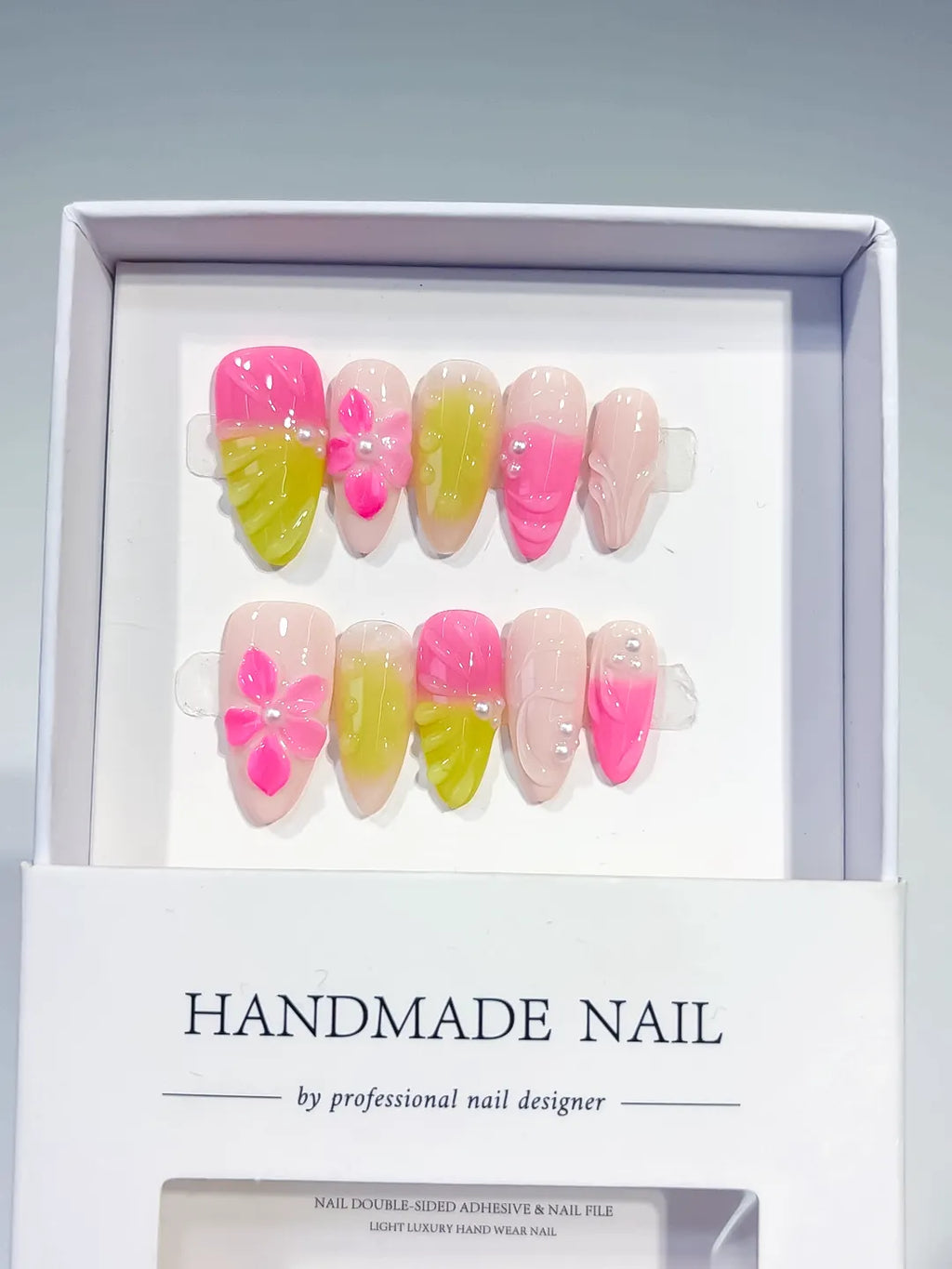 Pink Yellow Ombre Flower press on nails full set view