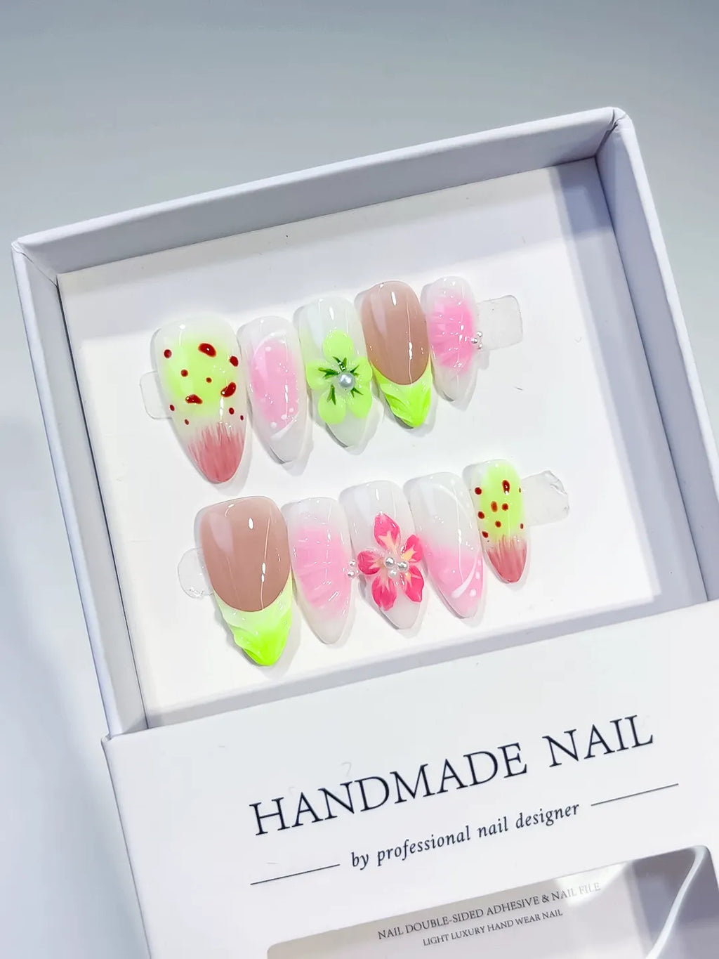 Nude Pink Green Abstract Flower Dot Pattern press on nails full set view