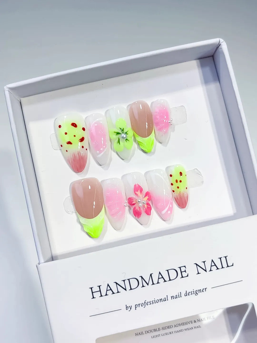 Nude Pink Green Abstract Flower Dot Pattern press on nails full set view