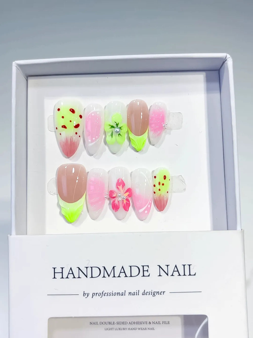 Nude Pink Green Abstract Flower Dot Pattern press on nails angled view