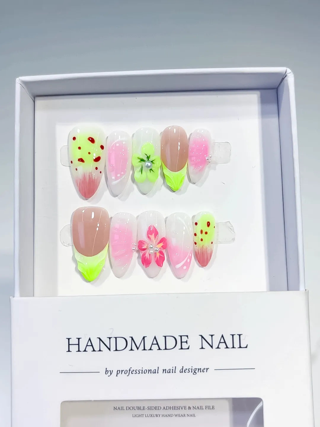 Nude Pink Green Abstract Flower Dot Pattern press on nails angled view