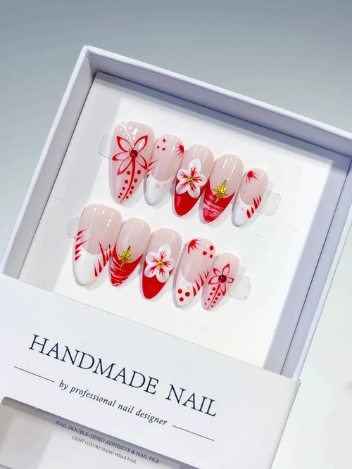Nude White Red French tip Flower press on nails