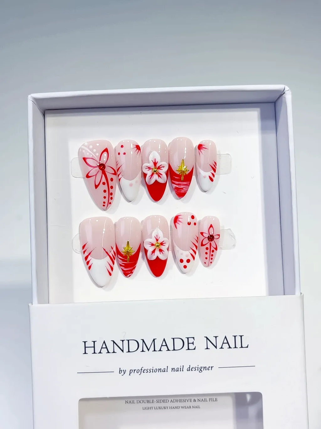 Nude White Red French tip Flower press on nails full set view