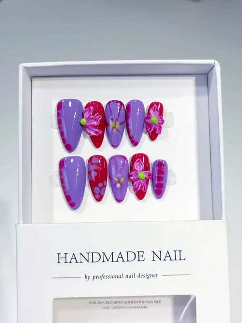 Purple Pink Abstract Flower press on nails full set view