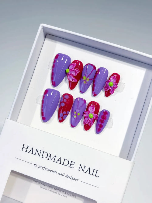 Purple Pink Abstract Flower press on nails