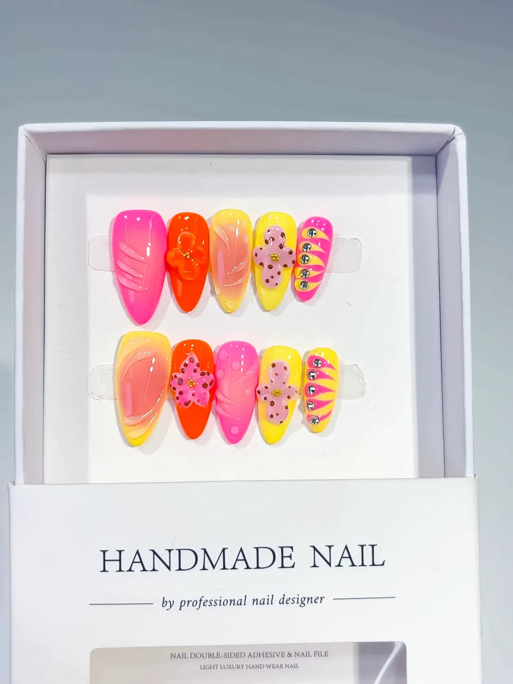 Pink Orange Yellow Abstract Flower Rhinestone press on nails full set view