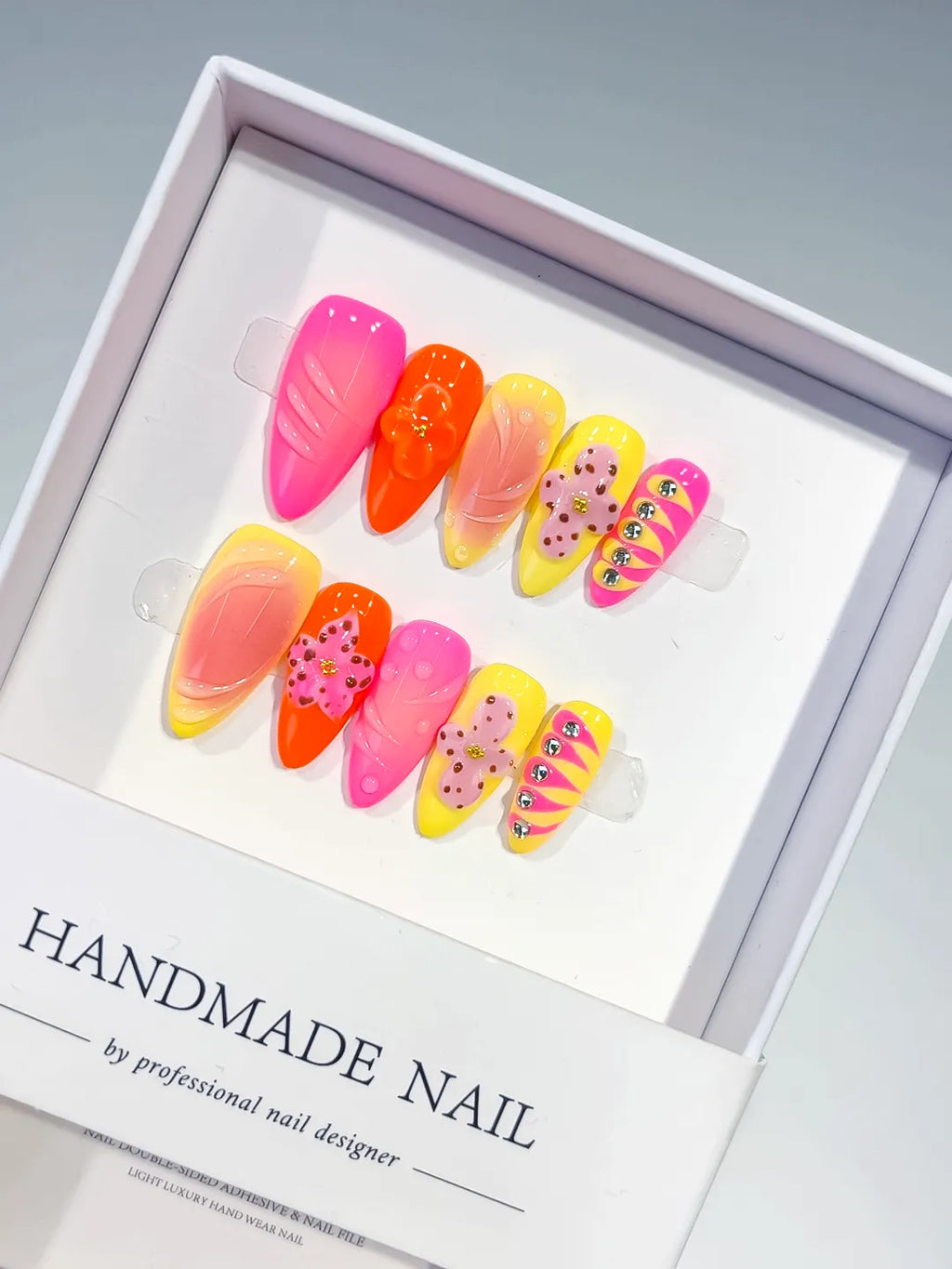 Pink Orange Yellow Abstract Flower Rhinestone press on nails