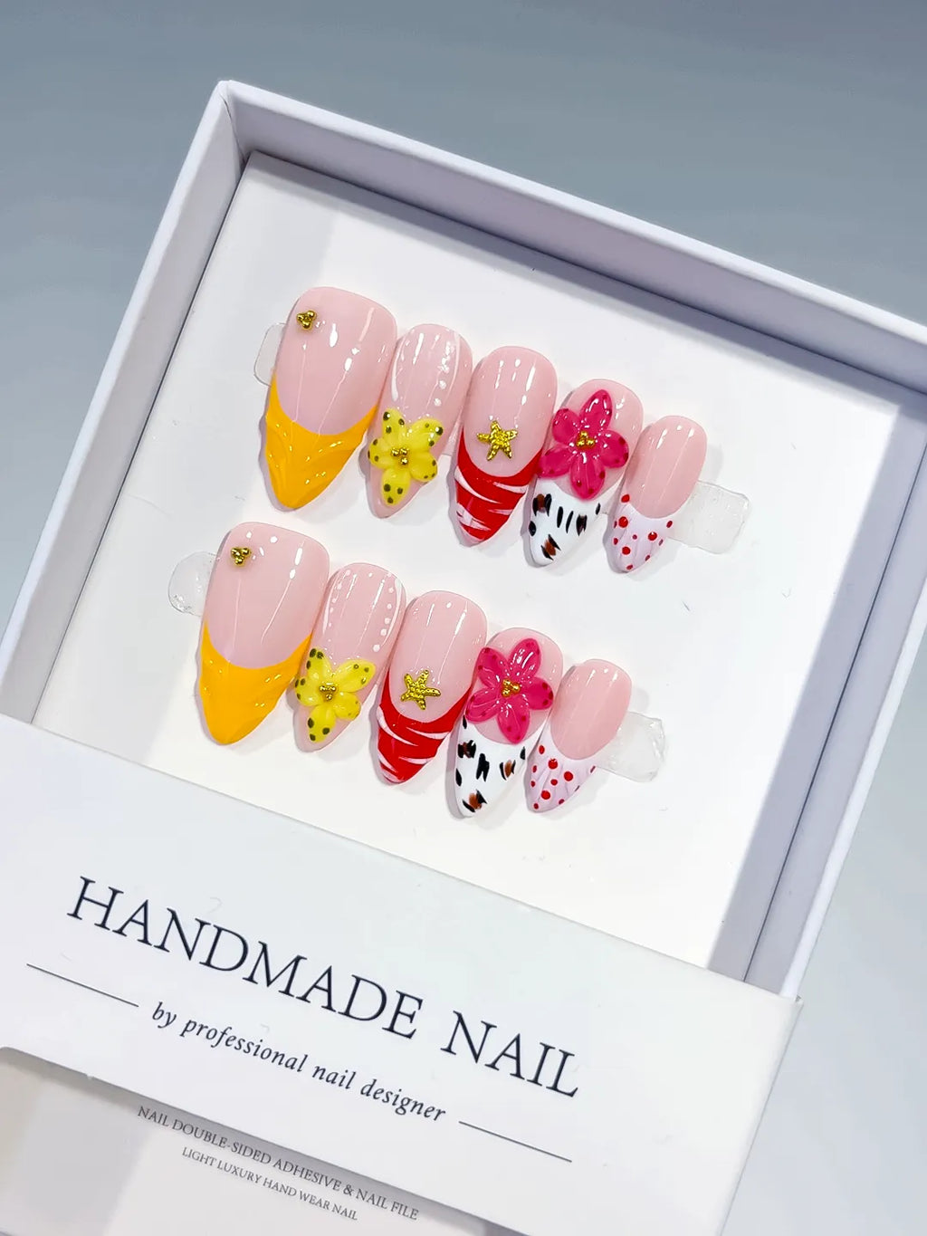 Pink Yellow White Red French tip Flower Animal Print Star press on nails