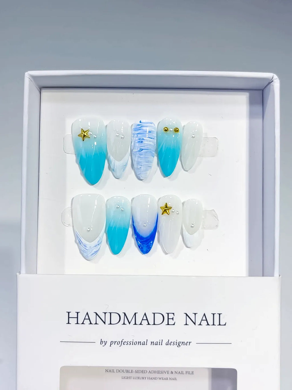 White Blue Ombre Starfish Pearl Shell press on nails full set view