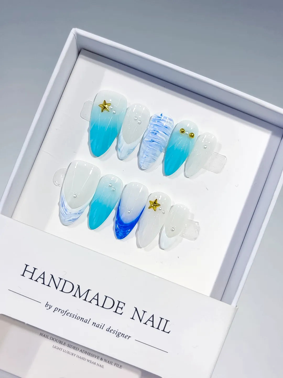 White Blue Ombre Starfish Pearl Shell press on nails
