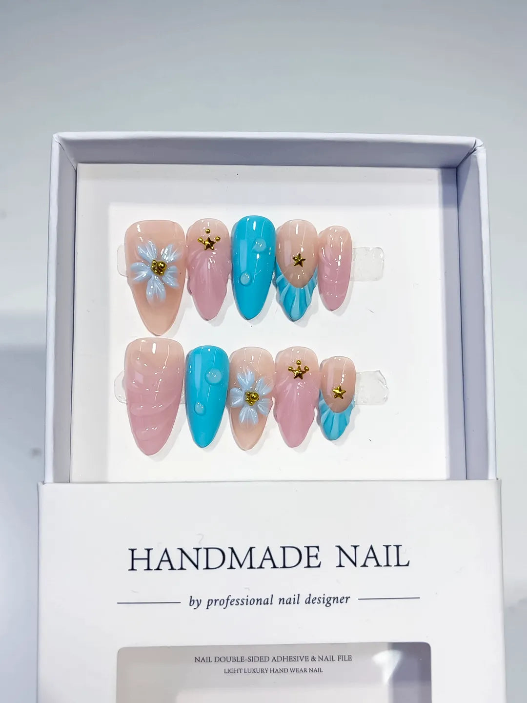 Nude Pink Blue Abstract Flower Star press on nails full set view