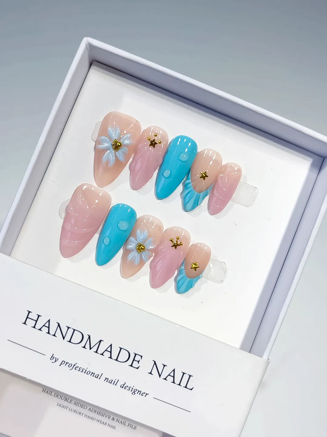 Nude Pink Blue Abstract Flower Star press on nails