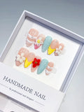Nude Blue Yellow White Abstract Flower Pearl press on nails