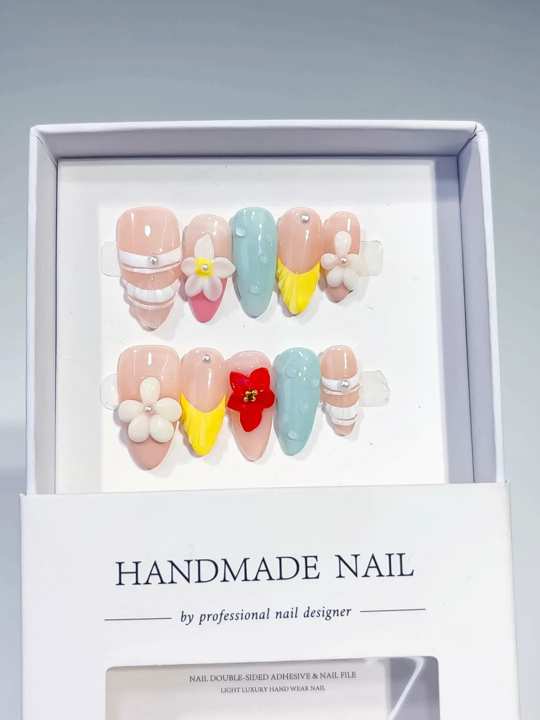 Nude Blue Yellow White Abstract Flower Pearl press on nails full set view