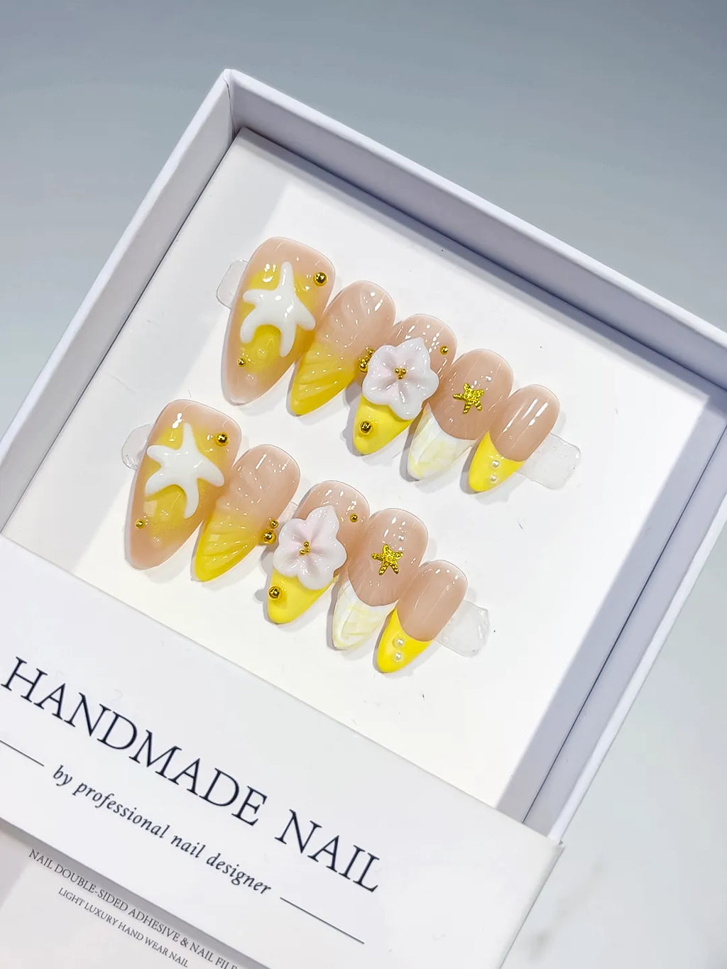 Nude Yellow White French tip Flower Starfish press on nails
