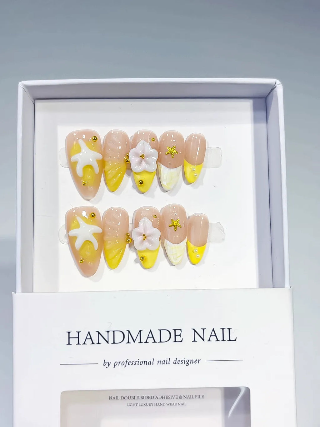 Nude Yellow White French tip Flower Starfish press on nails full set view