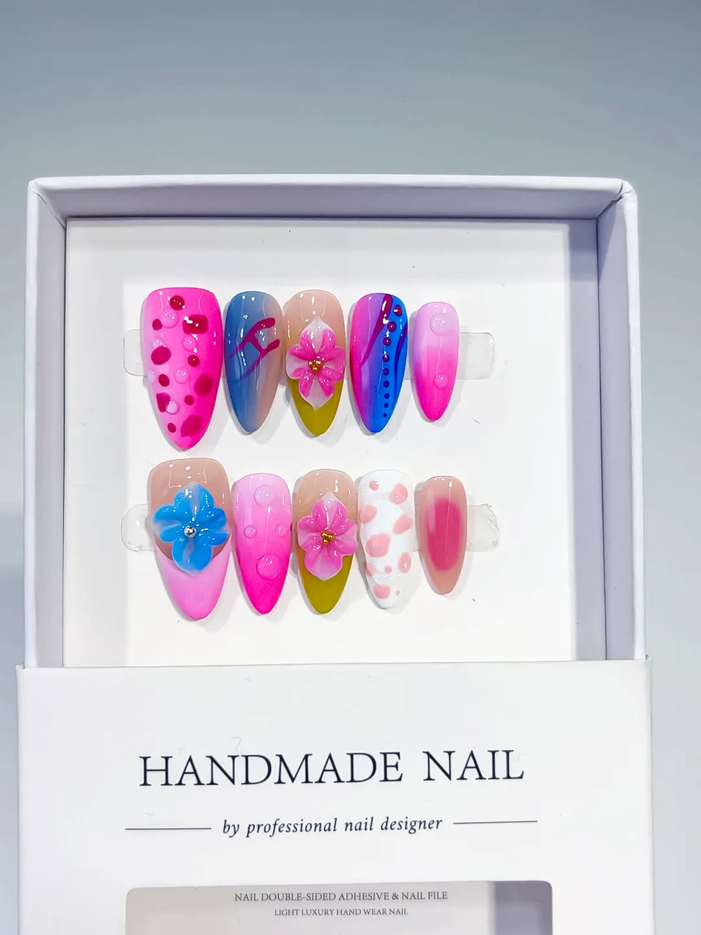 Pink Blue White Yellow Abstract Flower Dot Pattern press on nails full set view