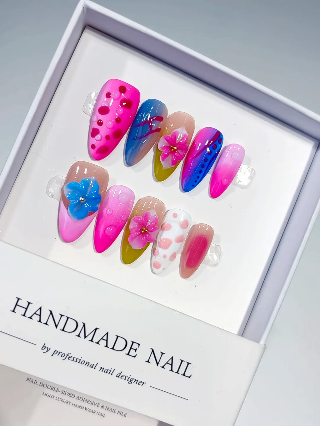 Pink Blue White Yellow Abstract Flower Dot Pattern press on nails