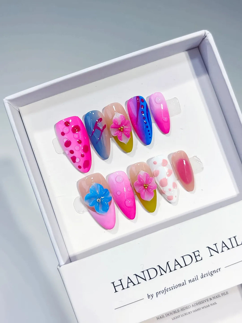 Pink Blue White Yellow Abstract Flower Dot Pattern press on nails angled view