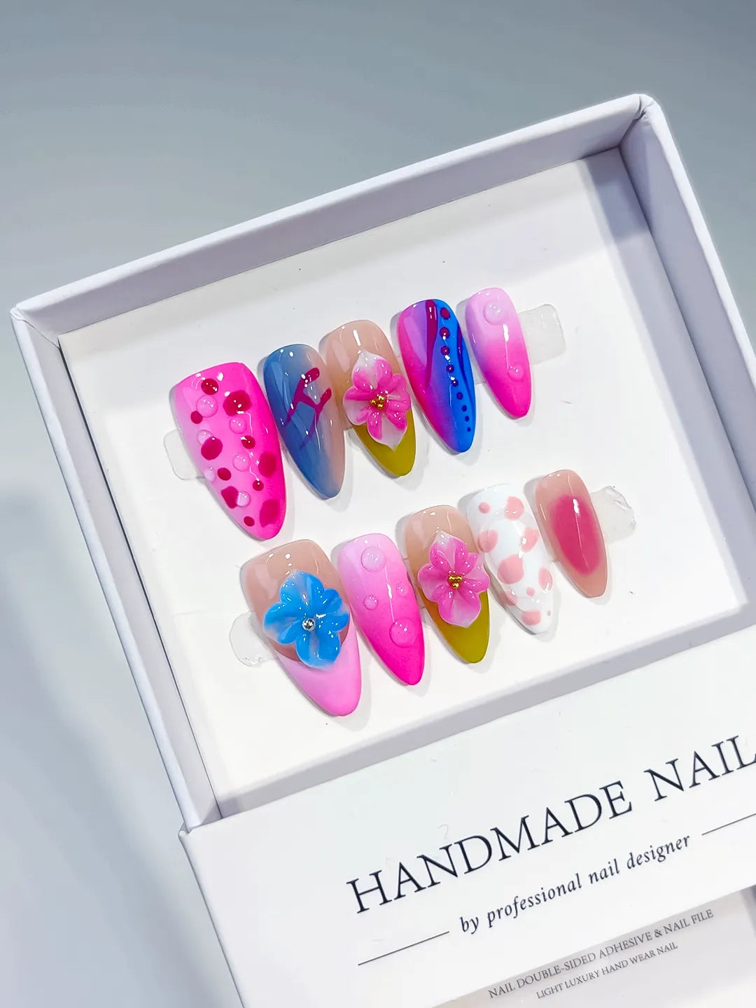 Pink Blue White Yellow Abstract Flower Dot Pattern press on nails angled view