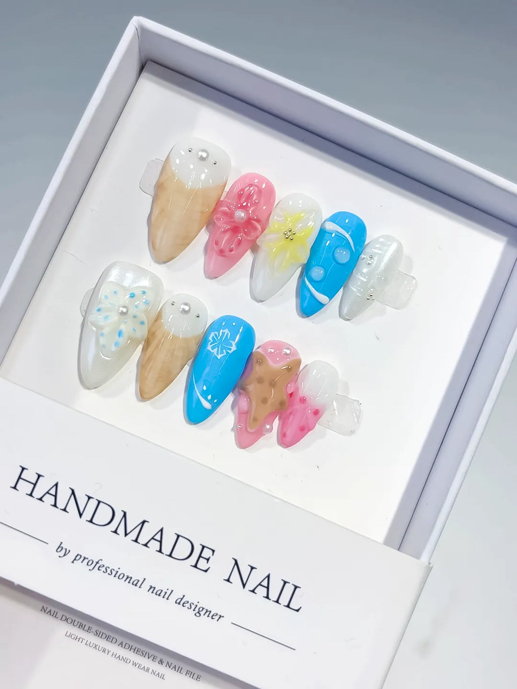 Nude Pink Blue Abstract Flower Cookie Snowflake press on nails