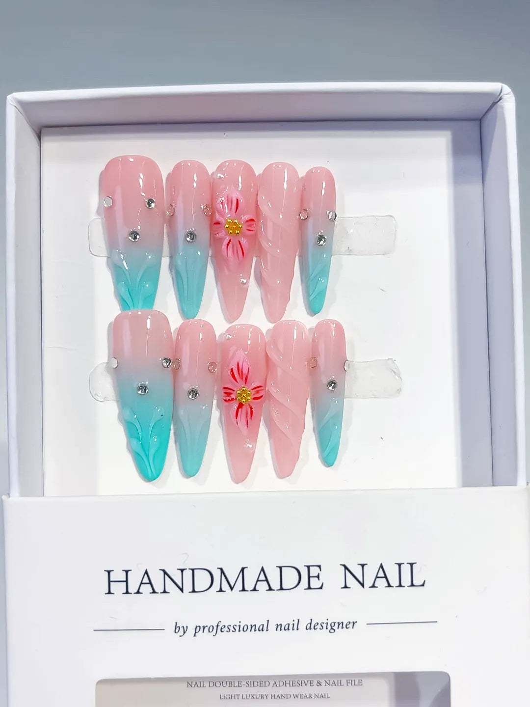 Pink Blue Ombre Flower Rhinestone press on nails full set view