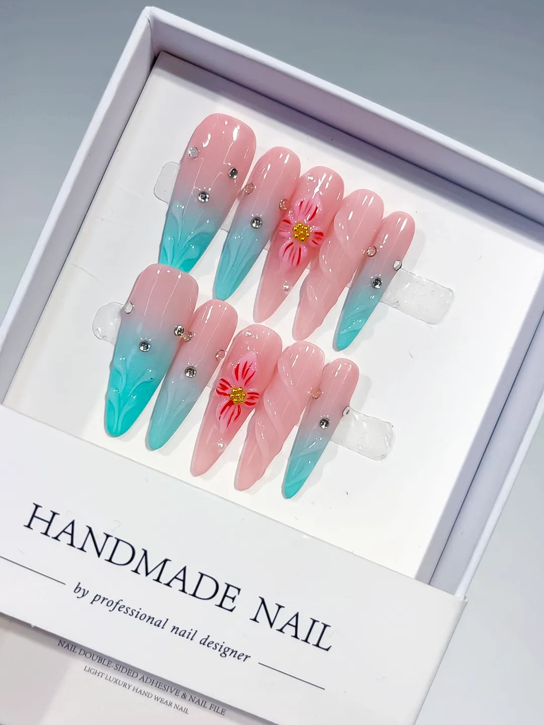 Pink Blue Ombre Flower Rhinestone press on nails
