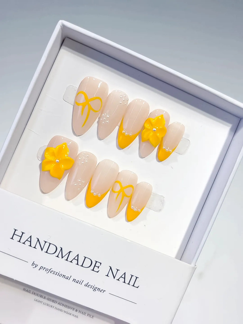 Nude Yellow French tip Flower Bow press on nails