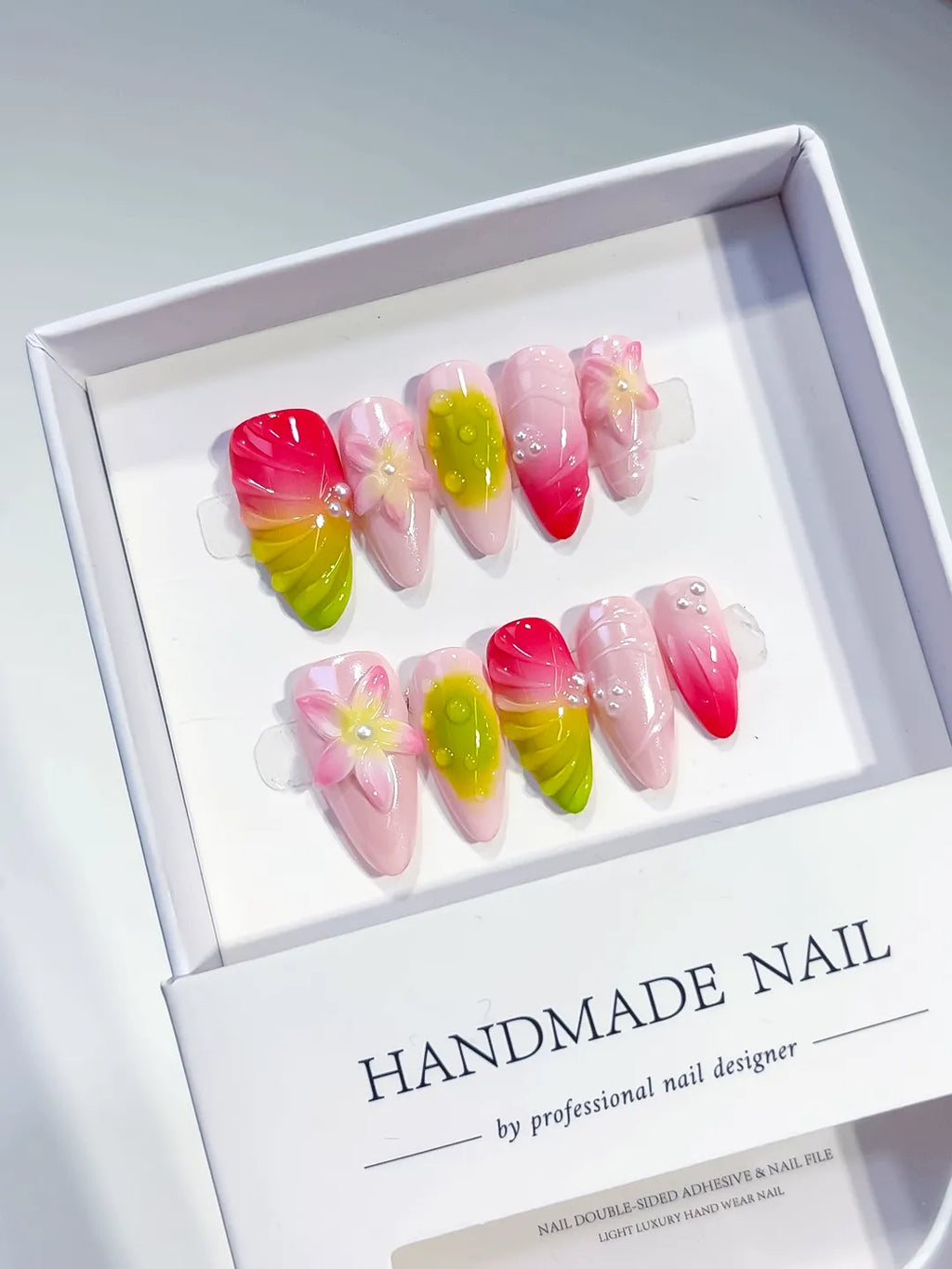 Pink Yellow Green Ombre Flower Pearl press on nails angled view