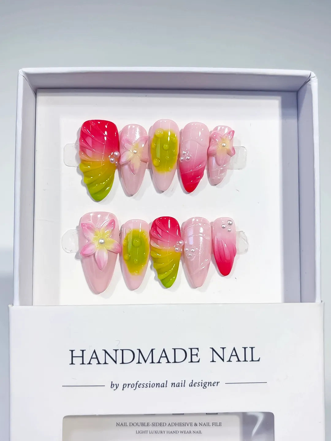 Pink Yellow Green Ombre Flower Pearl press on nails full set view