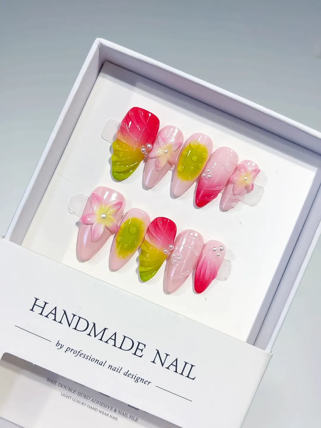 Pink Yellow Green Ombre Flower Pearl press on nails