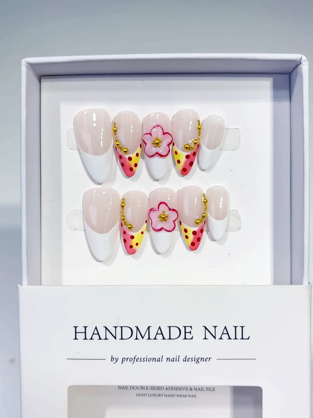 Nude White Yellow Pink French tip Flower Dot Pattern press on nails full set view