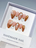 Nude Brown White Metallic Flower Star press on nails