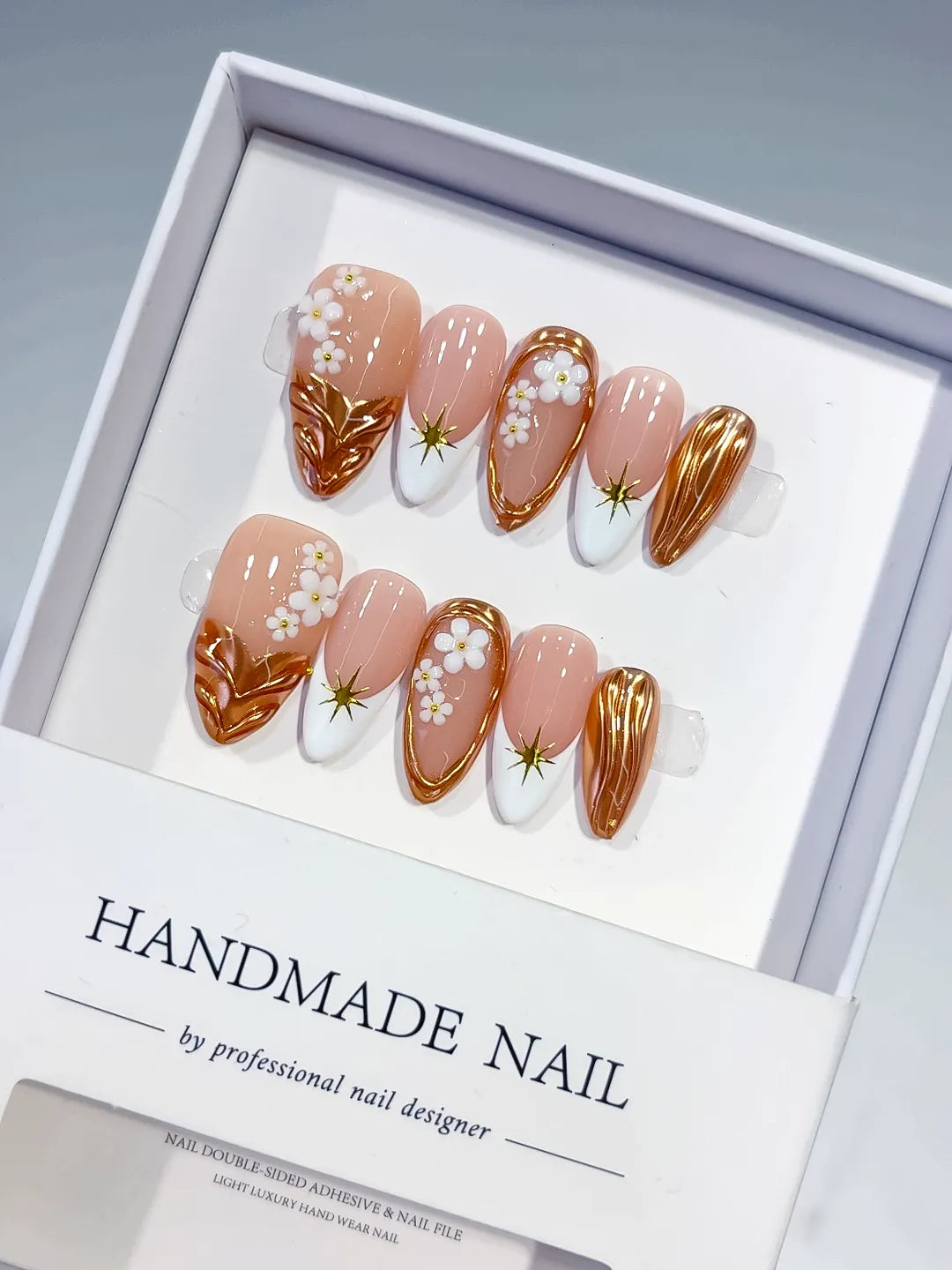 Nude Brown White Metallic Flower Star press on nails