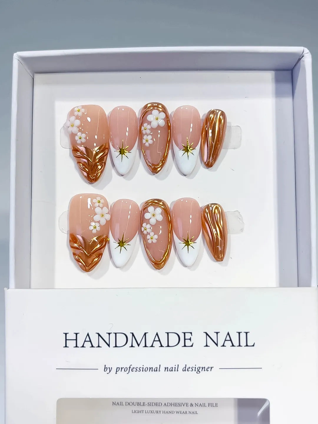 Nude Brown White Metallic Flower Star press on nails full set view
