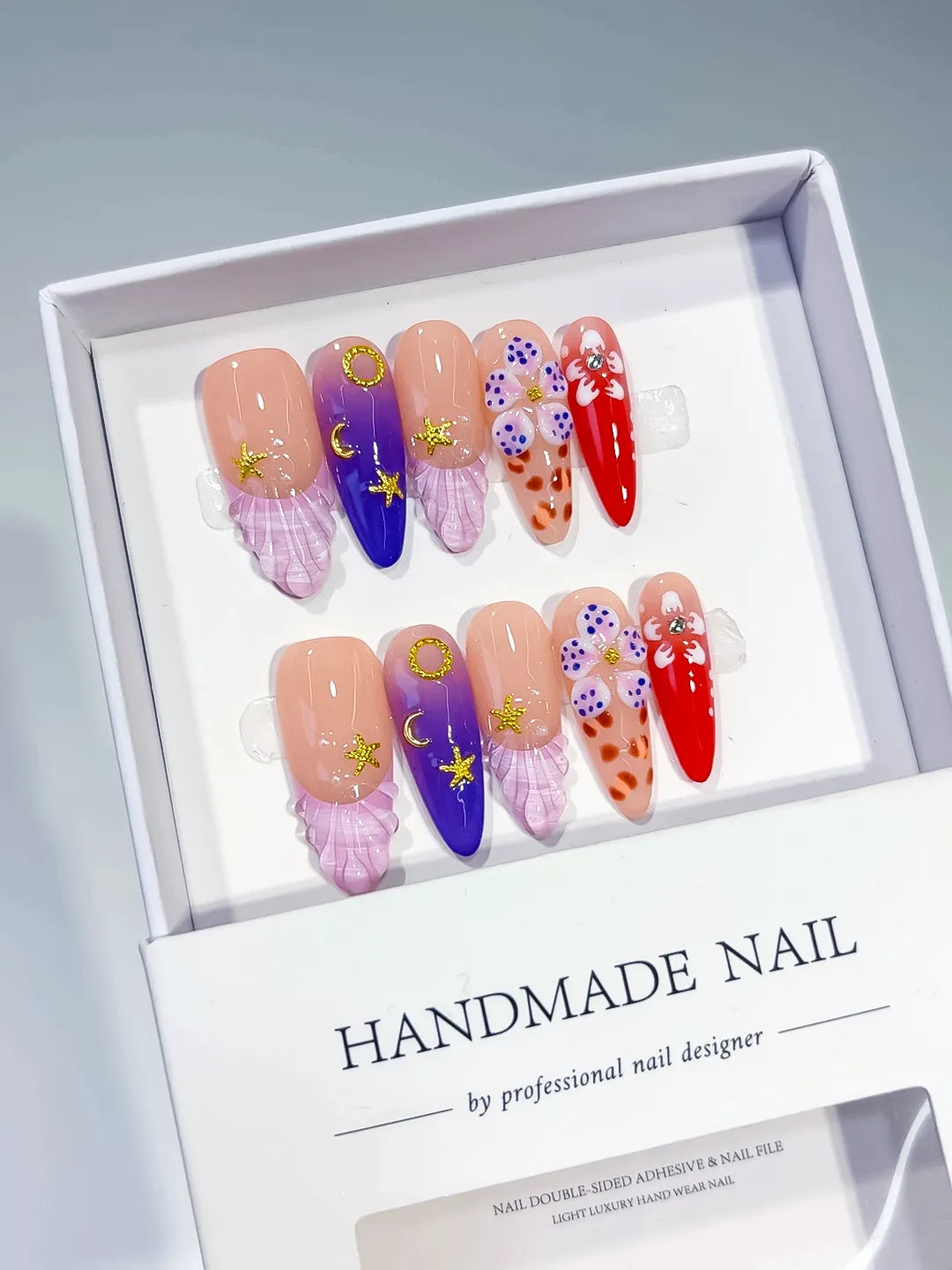 Nude Purple Red Abstract Flower Animal Print Star press on nails angled view