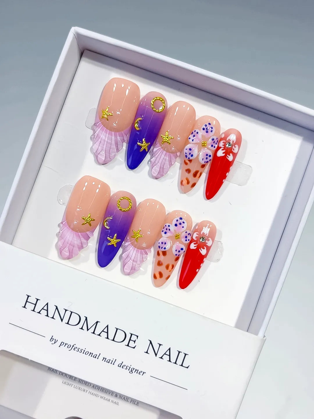 Nude Purple Red Abstract Flower Animal Print Star press on nails