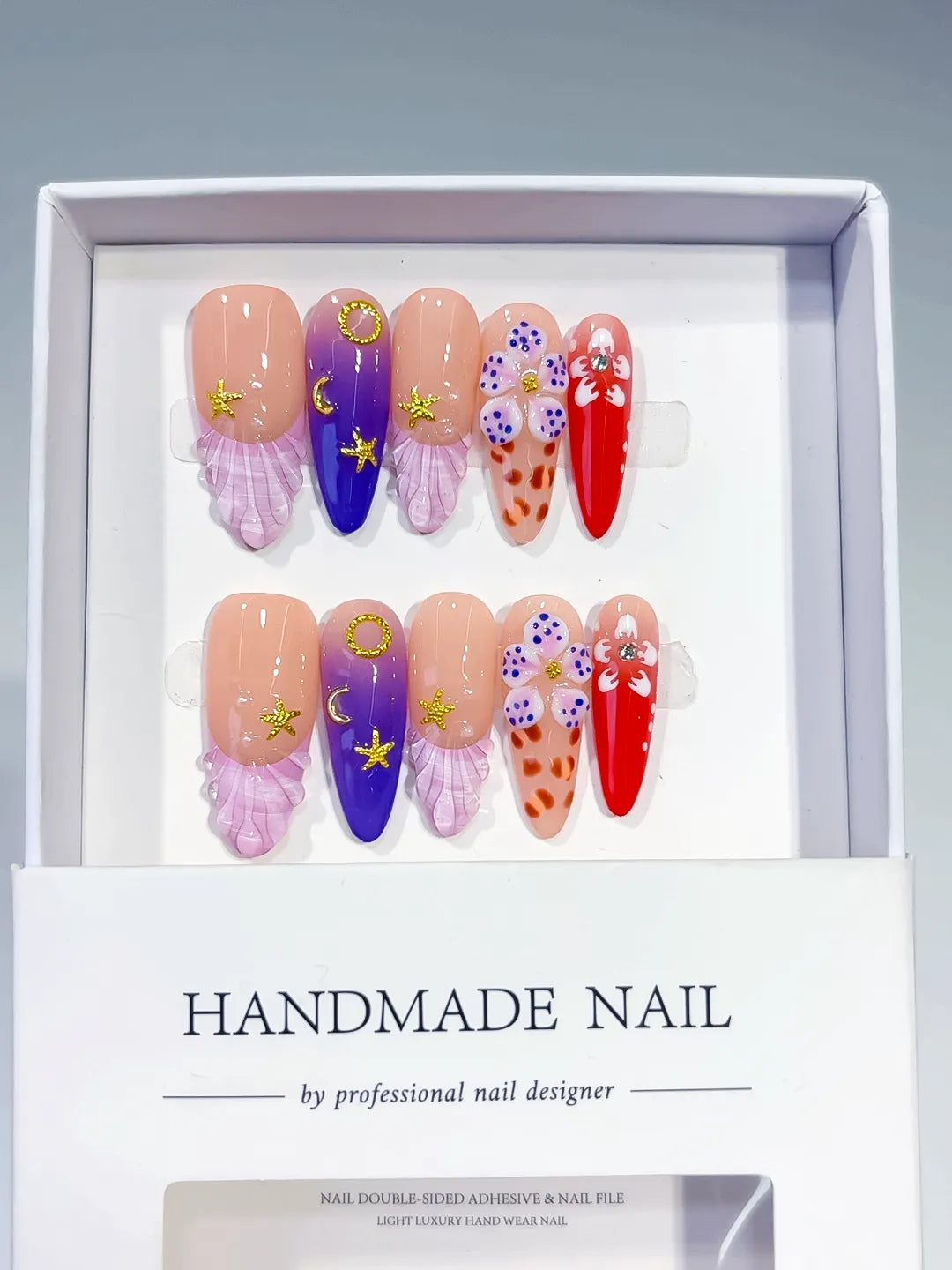 Nude Purple Red Abstract Flower Animal Print Star press on nails full set view