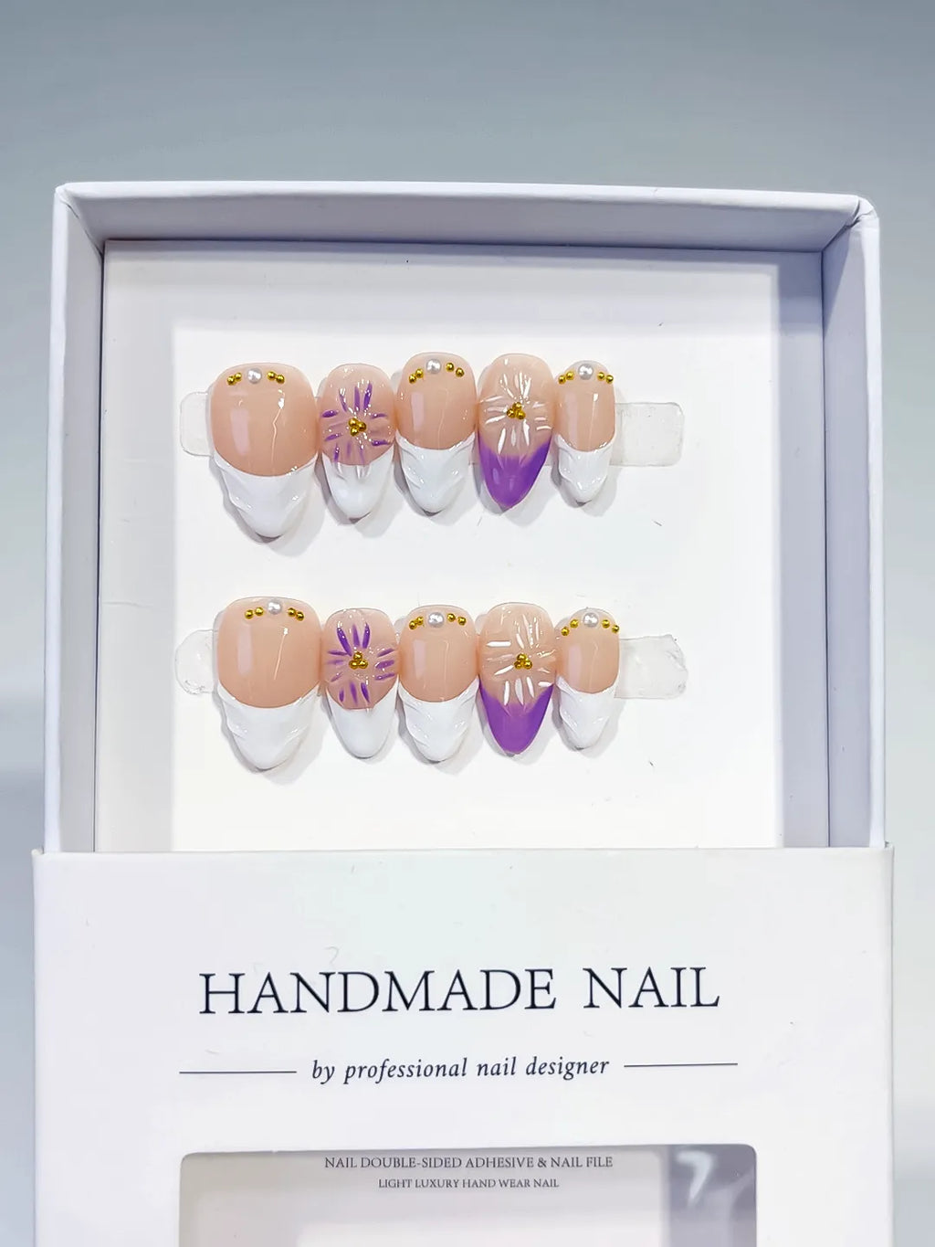 Nude White Purple French tip Flower press on nails full set view